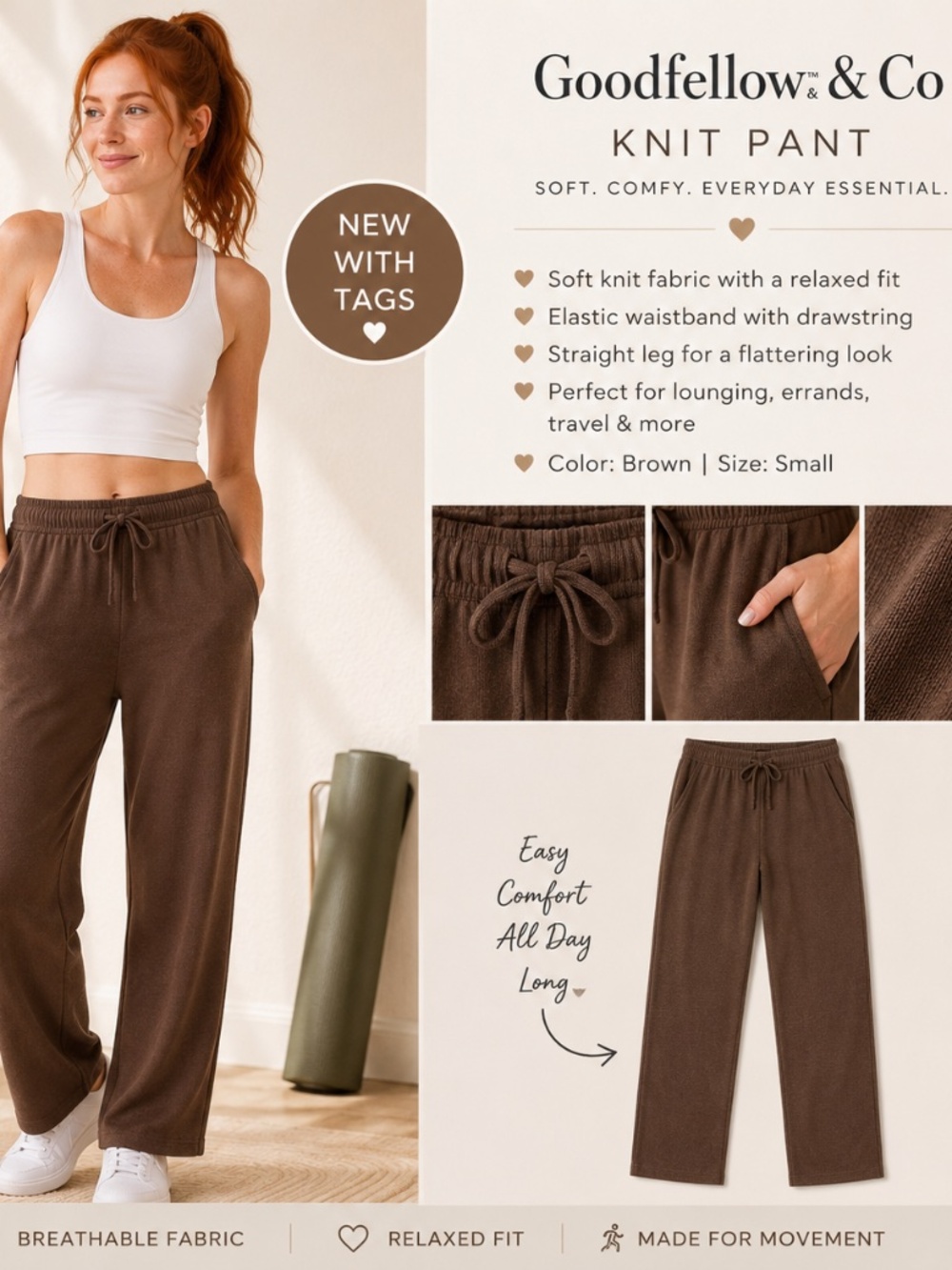 NWT Goodfellow & Co Brown Knit Straight Leg Lounge Pants Size Small